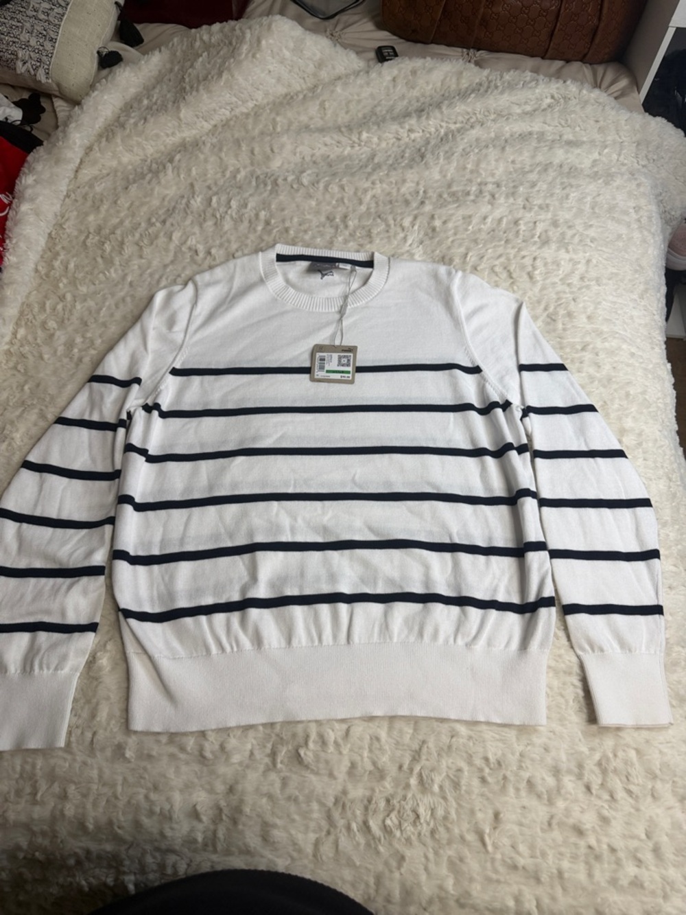 Puma White Crewneck Sweater with Navy Stripes